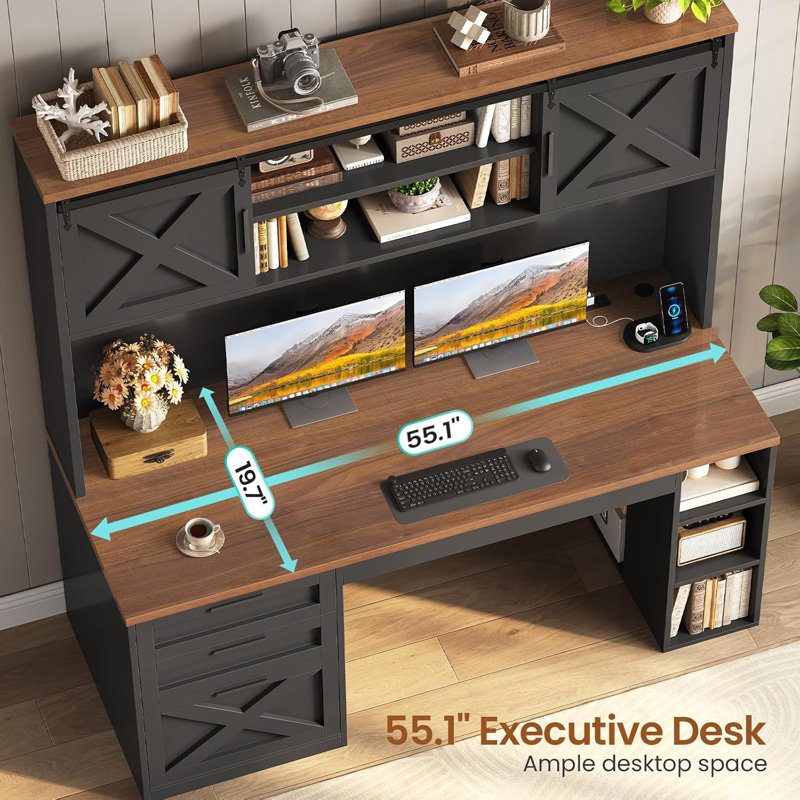55.1" Farmhouse Desk Office Desk with Drawers Computer Desk With Storage Cabinet, Brown/Black