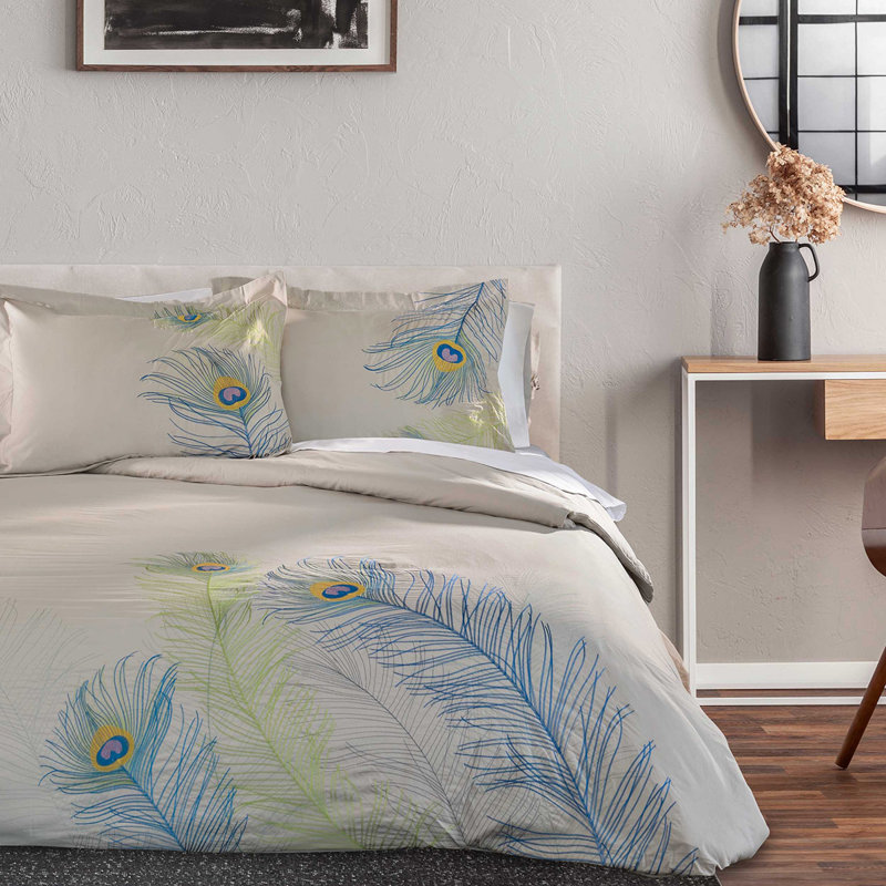 Sadin Cotton Peacock Embroidered Duvet Cover Set, Blue/Green, Full/Queen Duvet Cover + 2 Standard Shams