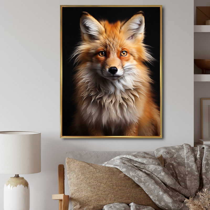 «Orange Fox Guardian», art mural renard, H 32 po x l 24 po x P 1 po, Cadre flottant doré