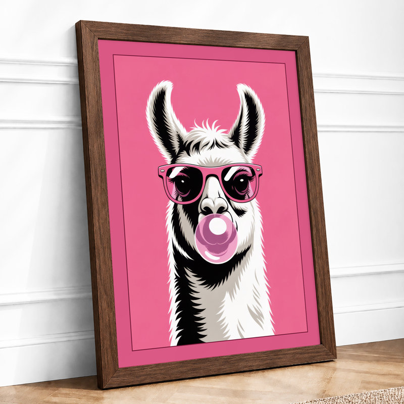Llama Bubble Gum Modern - Framed Print, A4 - 29.7 x 21.0 cm, Walnut