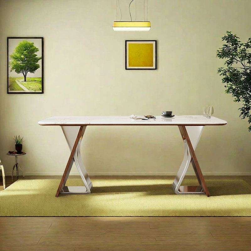 Table de salle à manger rectangulaire en pierre frittée, H 29,53 po x L 70,87 po x l 35,43 po, Argenté / havane