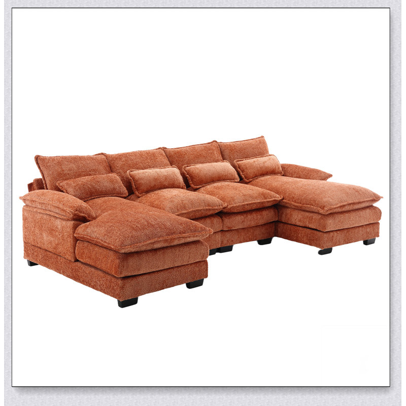 Large Chenille Fabric U-Shape Sectional Sofa, Orange Chenille