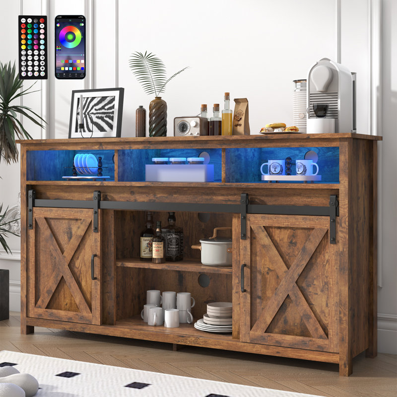 57” Wooden Farmhouse TV Stand for 60/65 inch TV,Double Layer Storage Entertainment Center TV Console Table,w Double-Row Sockets and 2 Sliding Barn Door,Media Cable Box