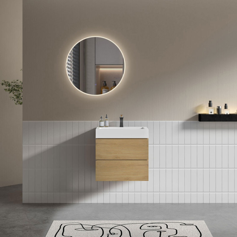 Meuble-lavabo simple mural 24 po avec surface solide avec trop-plein, 24 po, pré-assemblé, Chêne naturel, 24", Blanc