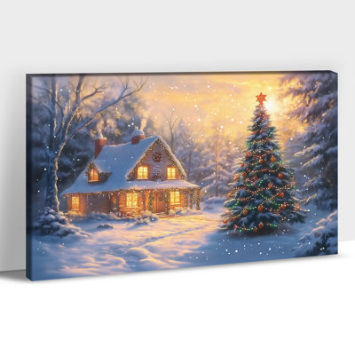  Art mural de Noël maison d'hiver, impressions sur toile scène chalet enneigé, décoration murale arbre festif, lumières brillantes et pinède, affiche de vacances pour le salon, la chambre à coucher, 36 po x 48 po