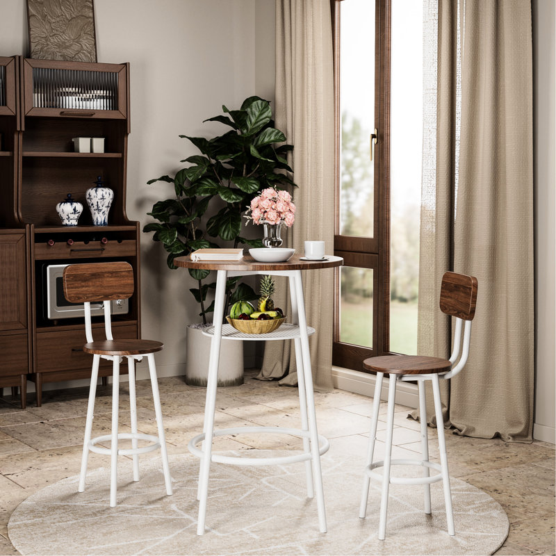 Ensemble repas 3 pièces pour le petit-déjeuner, table ronde avec 2 tabourets, ton de bois brun, structure en métal noir mat, pieds de tabouret réducteurs de bruit, barre de montage rapide et installation sur balcon, comptoir de 36 po, doux