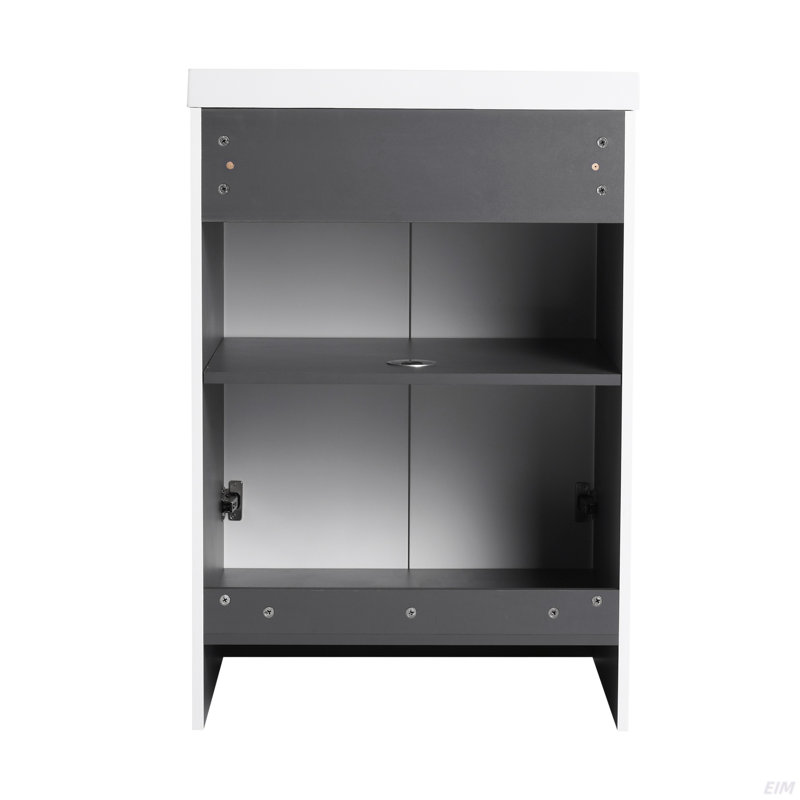 Meuble-lavabo autoportant avec lavabo en résine blanche et 2 portes d'armoire à fermeture en douceur (emballage KD), Blanc