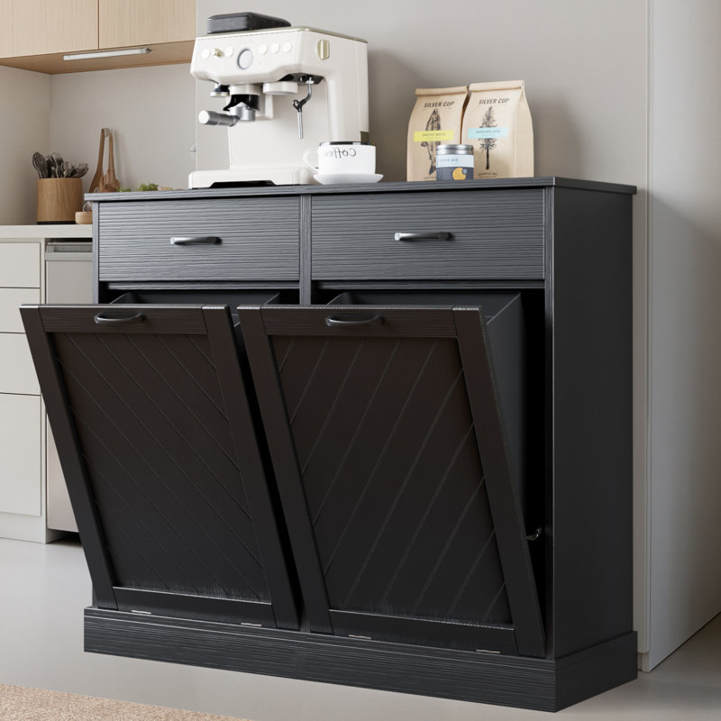 Armoire poubelle à double basculement 15 gallons, finition texturée, rangement caché pour la cuisine et le salon - noir, Noir