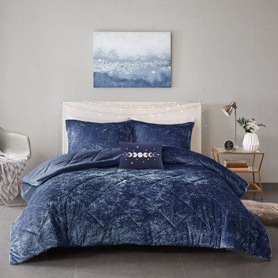 Édredon en velours bleu marine pour lit double / grand