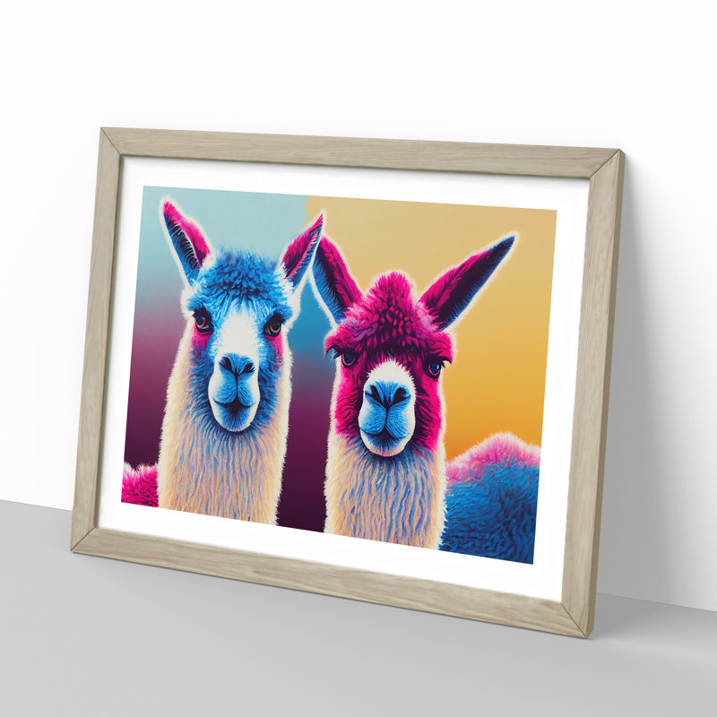 Colourful Llamas Vol.3 - Painting, 25cm H x 34cm W x 2cm D, Oak Framed