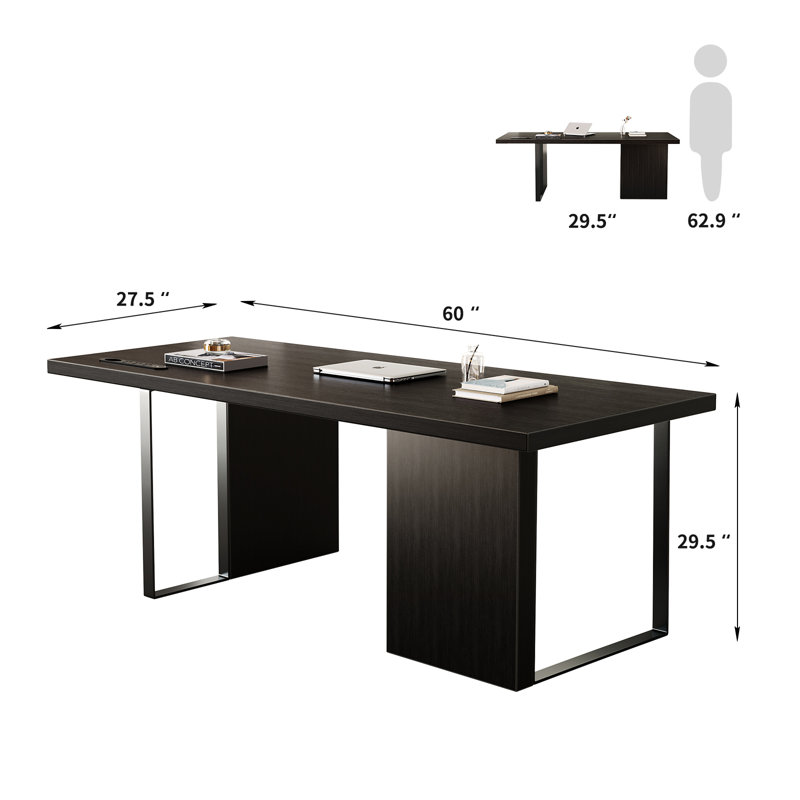 60-inch Executive Desk With 2" Thick Desktop And Built-in Power Outlet, Black