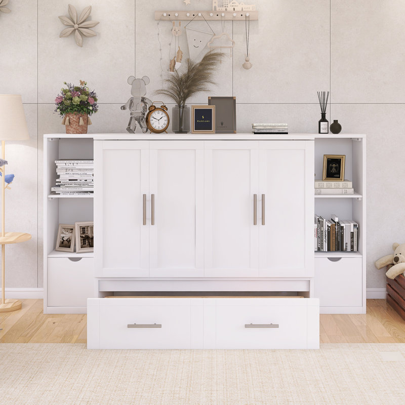 Grand lit escamotable à structure en bois avec tablettes, tiroirs et ports USB, Blanc
