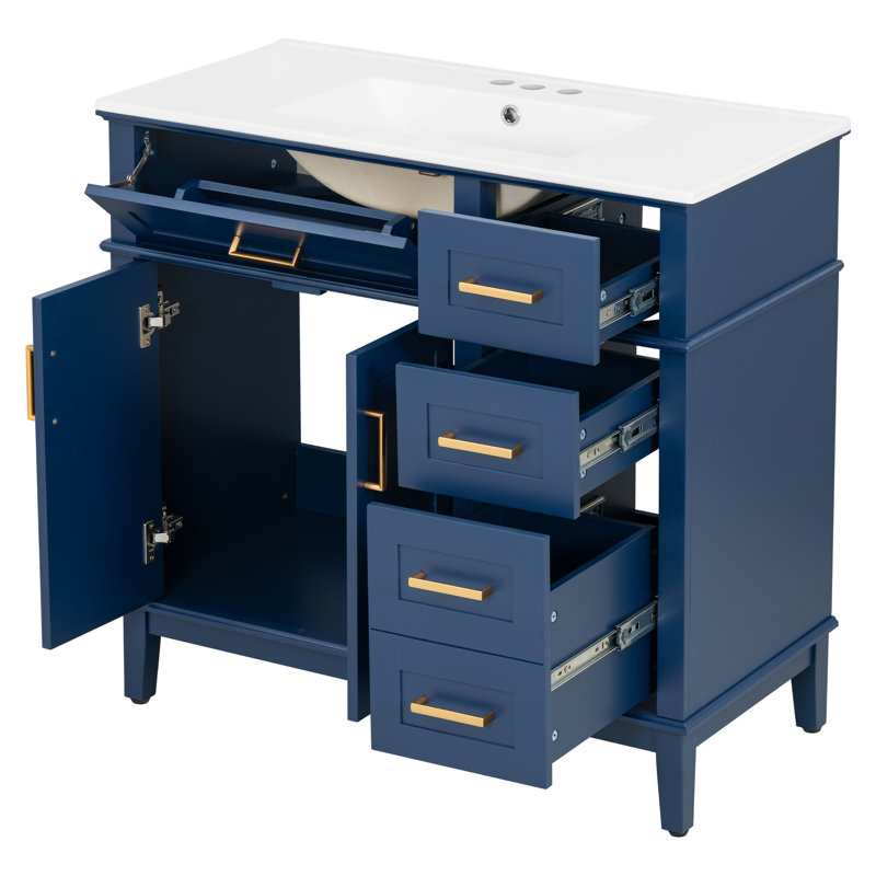 Meuble-lavabo simple 36 po avec comptoir en céramique 36 po, Bleu, Doré