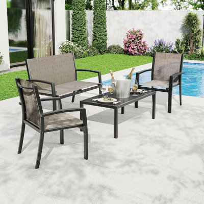 Ensemble de mobilier d'extérieur 4 pièces, petit ensemble de conversation bistro avec causeuse, 2 chaises et table basse en verre trempé, cadre en métal résistant à la rouille pour balcon, porche, jardin, cour