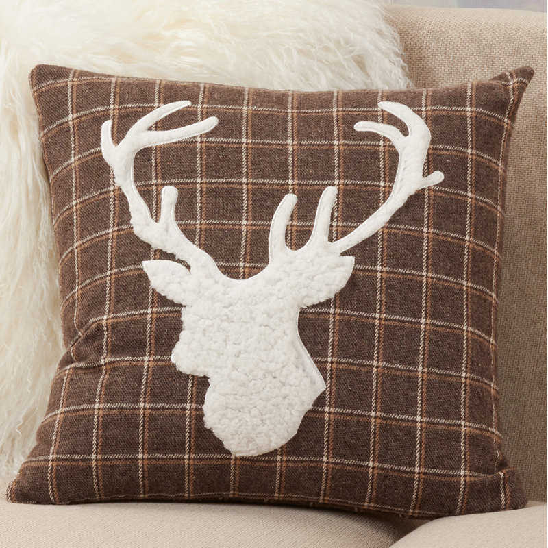 Brown Plaid Reindeer Applique Medium Throw Pillow