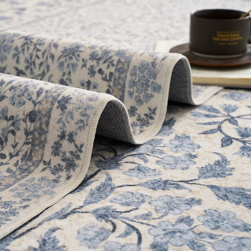 Floral Machine Washable Area Rug, Blue, Round 7'