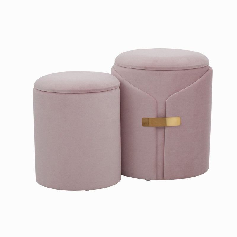 Ensemble de repose-pieds gigogne contemporain en velours K rosé avec pièces décoratives en métal doré, Pink