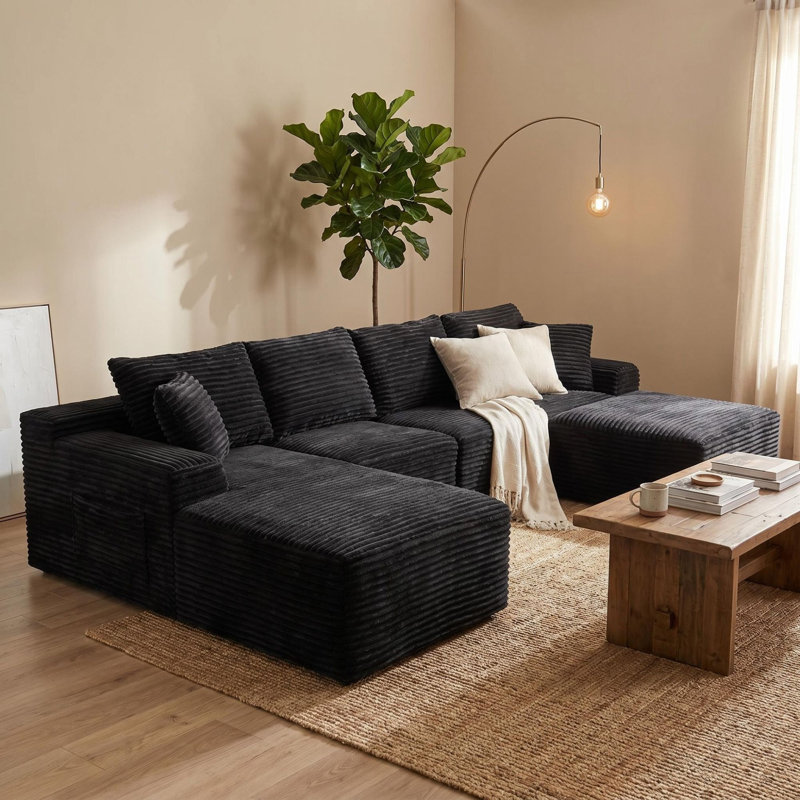 Canapé d'angle modulaire en velours côtelé de 135 2/5 po, canapé de sol rembourré avec 2 coussins décoratifs pour salon