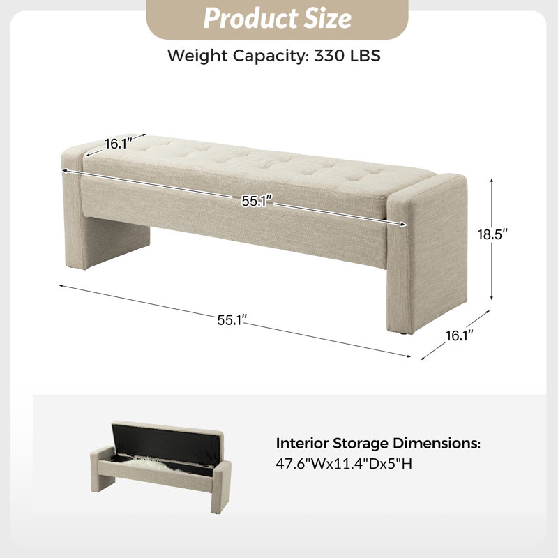 Banc de rangement rembourré capitonné l 55,1 po Anthonique, Beige
