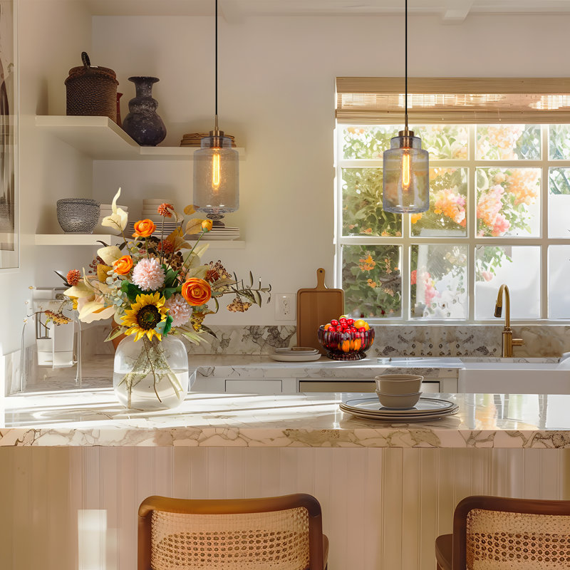  1-Light Modern Farmhouse Kitchen Island Pendant with Seeded Glass(1-Set)