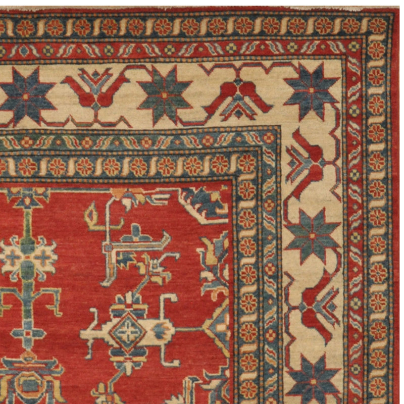 Tapis de zone en laine rouge/ivoire 6 pi 5 po x 9 pi 2 po one-of-kind à la main noué la kazak Sauer
