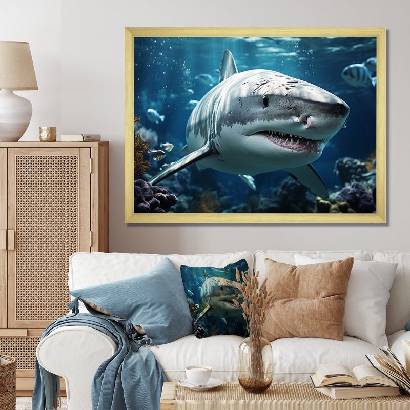 " Teal Gray Shark Marine Symphony ", Gold Picture Framed, 12" H x 20" W x 1" D