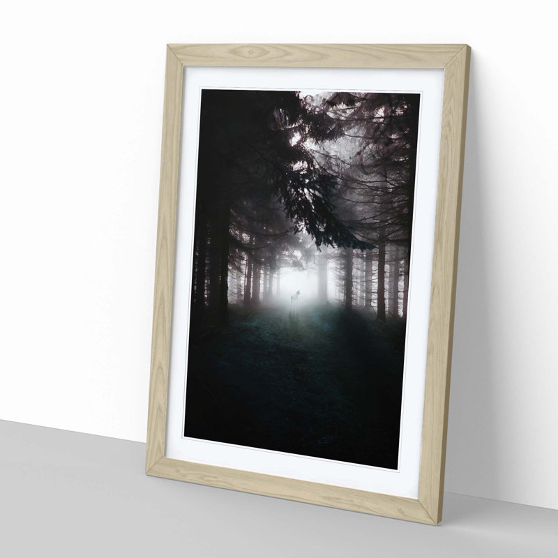 White Wolf in a Forest - Picture Frame Graphic Art Print, 76cm H x 50cm W x 2cm D, Oak