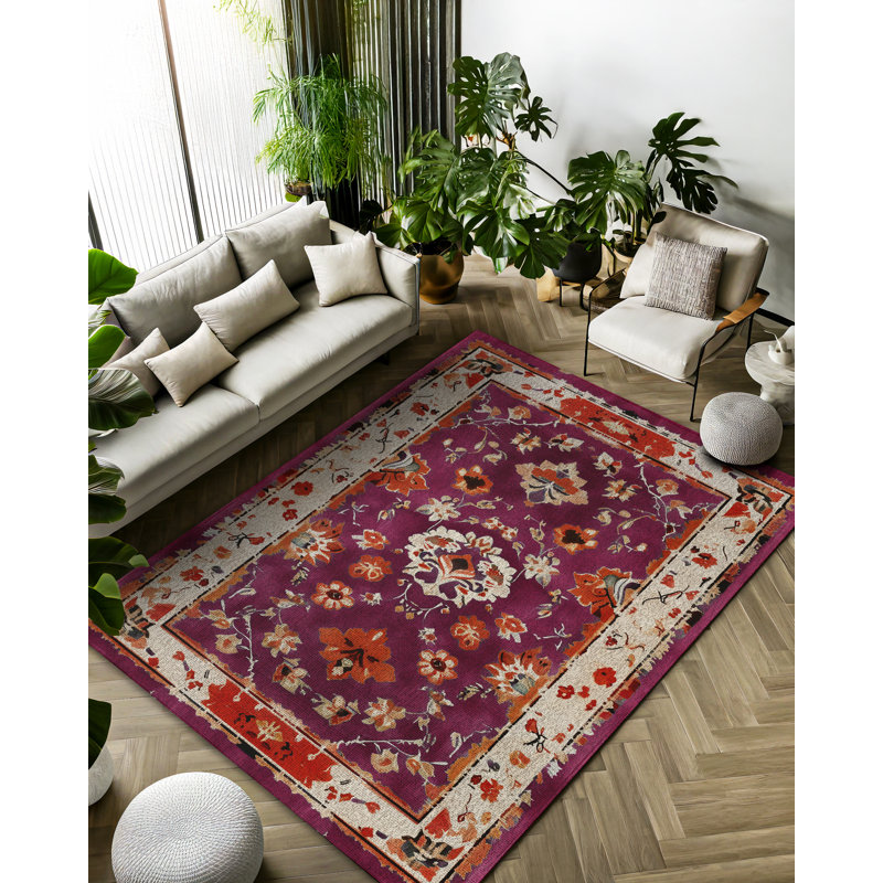 Derya Collection Digital Print Cotton-Polyester Purple Floral Rug, Runner 3'4" x 11'6"