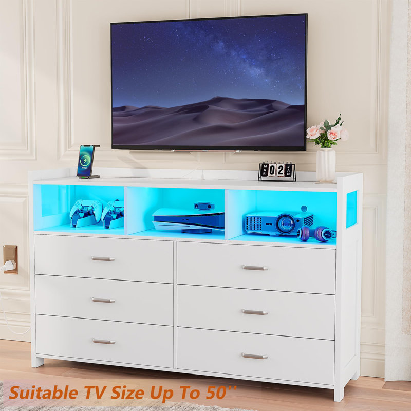 Jaylianiz 6 - Drawer Dresser with Power Outlet, Chest of Drawers with LED Lights and Open Storage, White