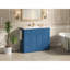 Meuble-lavabo bleu marine 48 po avec lavabo en céramique - 6 tiroirs (3 de chaque côté), tiroir central rabattable, portes doubles à fermeture en douceur, porte-serviettes latéral réversible, poignées argentées, panneau de fibres à densité moyenne