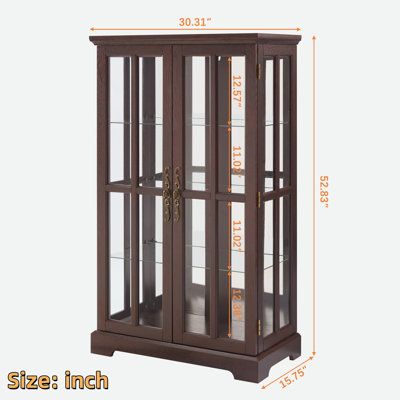 Vitrine à porte treillis en verre avec bande lumineuse RVB de couleur pleine grandeur, 3 tablettes de rangement réglables et poignées de style rétro