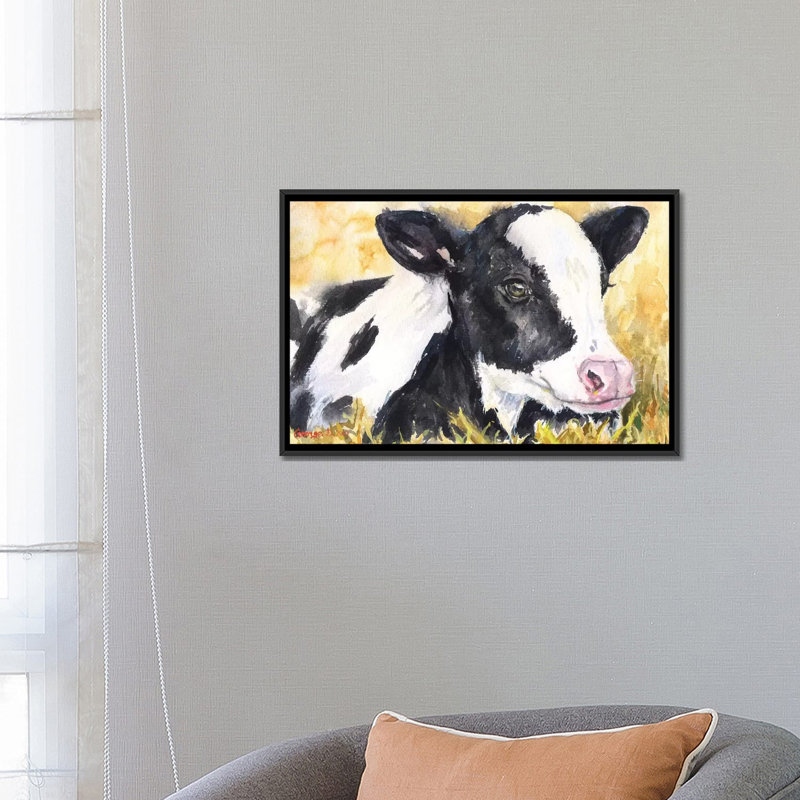 «Cow Baby», reproduction sur toile, H 18 po x l 26 po x P 1,5 po, Toile avec cadre noir, Pas de tapis