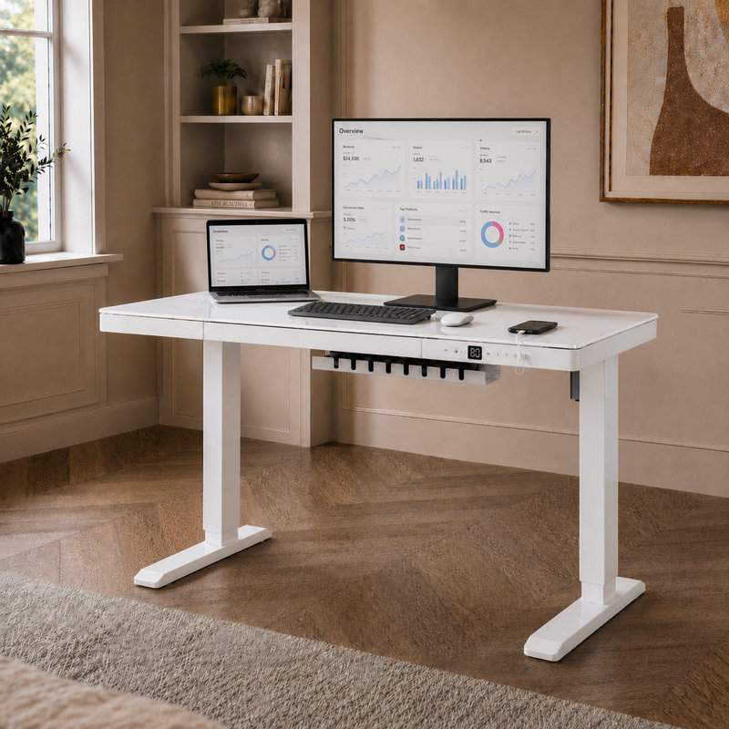 Adjustable Glass Top Metal Base, 120 x 60 cm