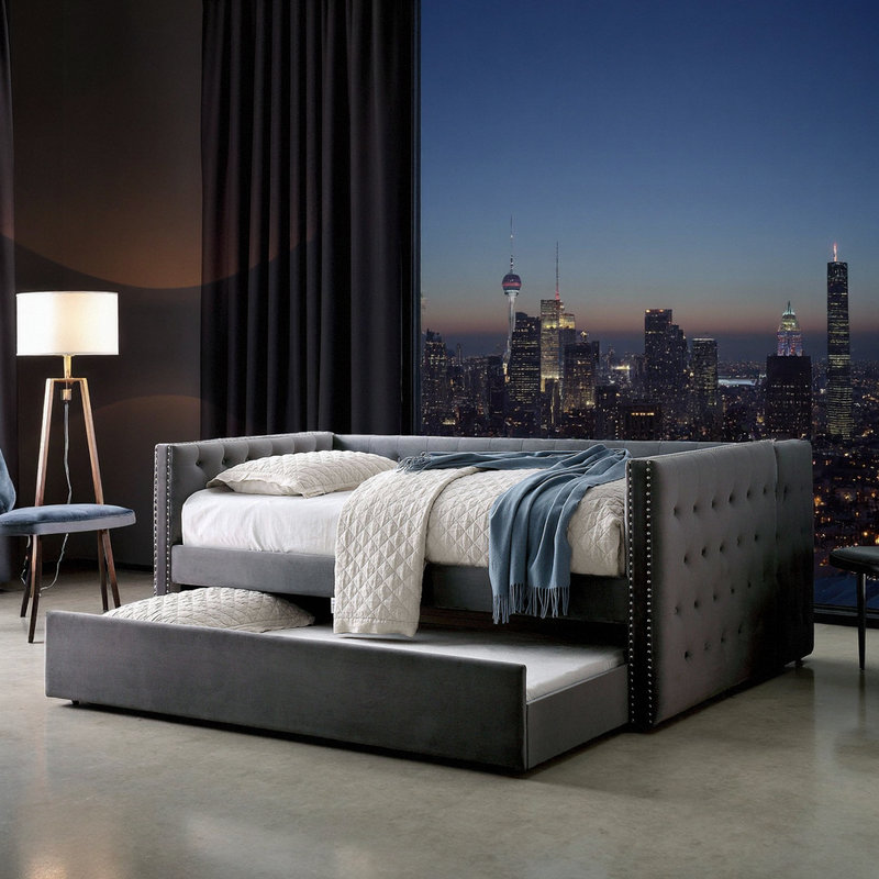 Tuxedo-Style Daybed Sofabed with Trundle and Button Tufting​, Gray