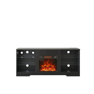 Meuble télé Meuble télé avec foyer et tablettes en verre, foyer 3D avec lumières DEL en bois et prise de recharge USB Centre de table de télévision moderne pour téléviseur de 32 à 62 po ou moins Noir