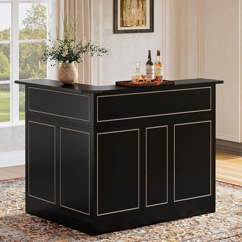 Armoire de bar en forme de L de 51,2 po avec porte-verres à pied, unité de bar d'angle à 4 niveaux, table de bar à vin avec alcool moderne et bureau de réception pour la maison, noir