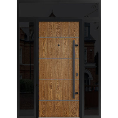 Front Exterior Prehung Steel Door / Deux 6683 Natural Oak / 2 Side and Top Exterior Window Sidelite / Entry Metal Modern Painted W12+36+12" x H80+16" Left hand Inswing