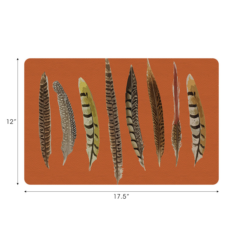 Pheasant Feathers Vegan Leather Rectangle Pebble Placemat, Orange