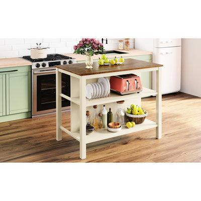 Rustic 45" Kitchen Island With Solid Wood Top - Walnut Tabletop And Cream White Base 2 Open Shelves Butcher Block Dining For Small Areas