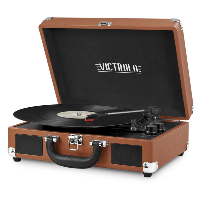 Tourne-disque décoratif avec tourne-disque 3 vitesses Bluetooth valise, Cognac