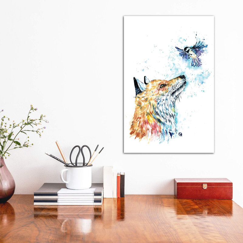 «Fox and Chickadee» par Lisa Whitehouse - impression d'art graphique, Pas de tapis, Toile tendue, H 18 po x l 12 po x 1,5 po