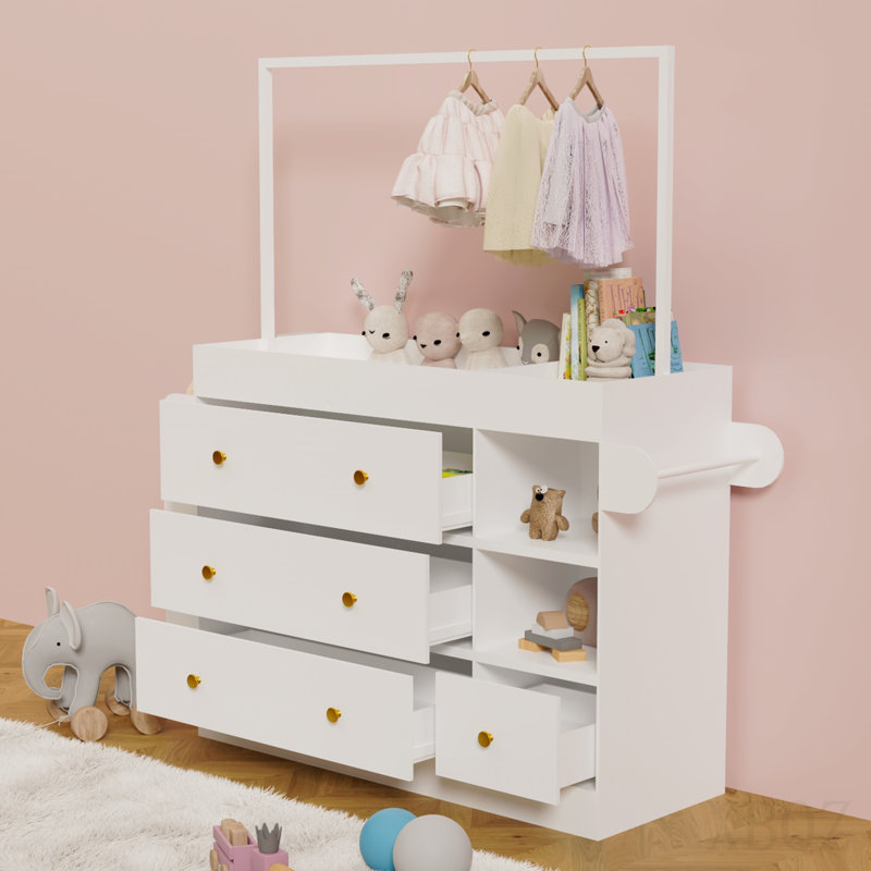 Commode de table moderne, coiffeuse avec 3 tiroirs très profonds et tablettes de rangement et crochets, table à langer multifonctionnelle avec séchoir à linge, blanc