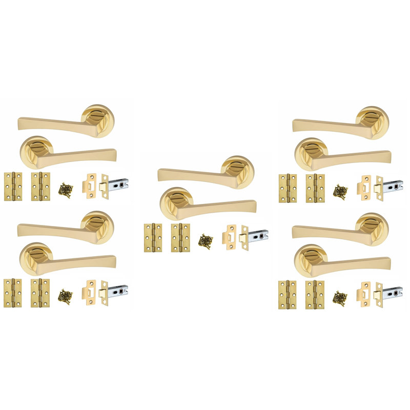5 Pairs Wave Design Door Handles on Round Rose in Electro Brass Finish with 2.5" Tubular Latch - 52mm Diameter