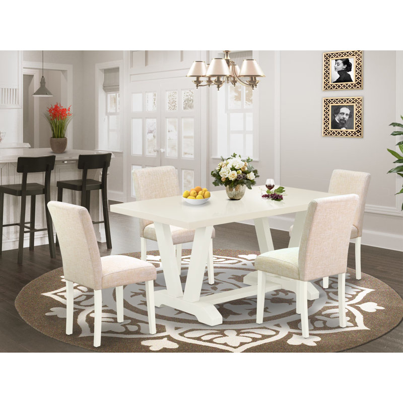 5 Piece Dinette Set for 4 Includes a Rectangle Dining Room Table with V-Legs and 4 Light Beige Linen Fabric Upholstered Chairs, Multi-Color