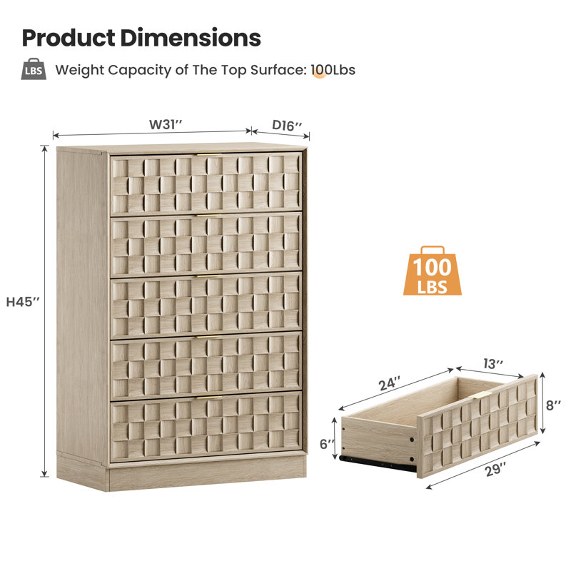 5 - Drawer Dresser, 45" H, Oak