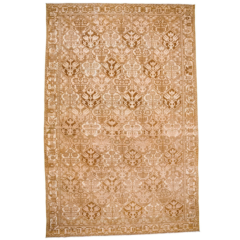 Tapis Oushak turc rétro fait à la main beige et brun Anatolian 7 x 10