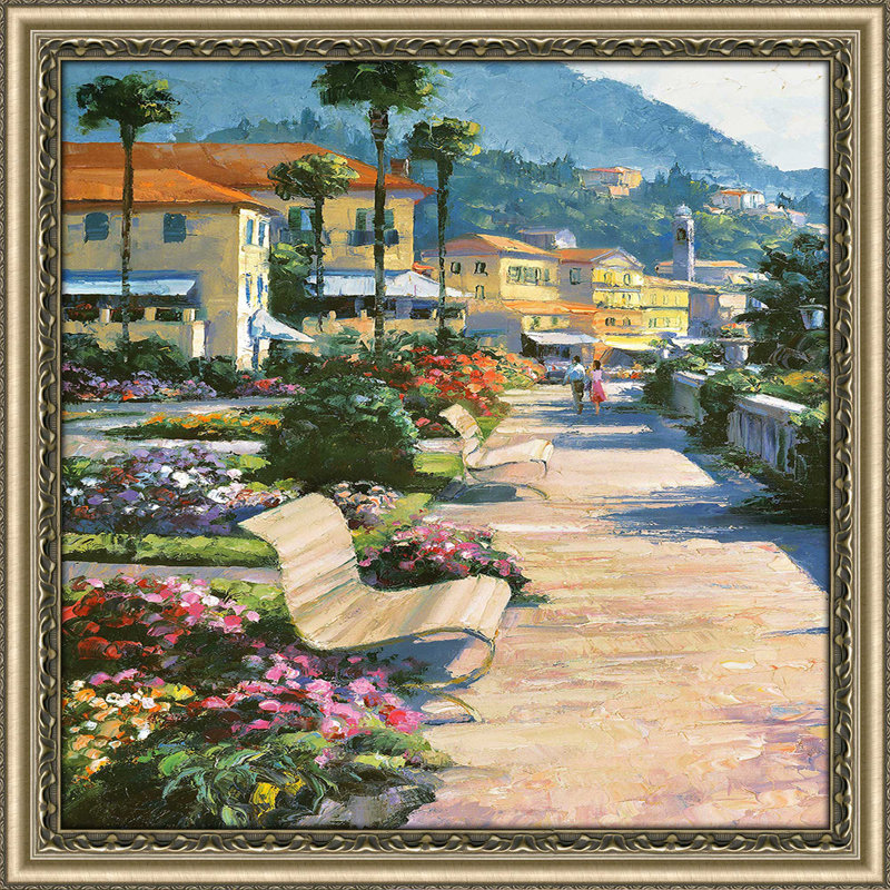«Bellagio Promenade I» par Howard Behrens - Peinture, Encadrement champagne, H 31,5 po x l 31,5 po x P 1 po