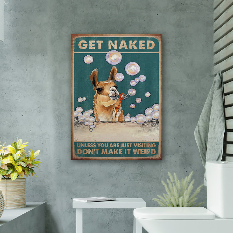 «Llama Blowing Bubbles» - Toile tendue avec une galerie - «Bath and Laundry Animal Illustration Decor», brun et blanc, décor de salle de bain