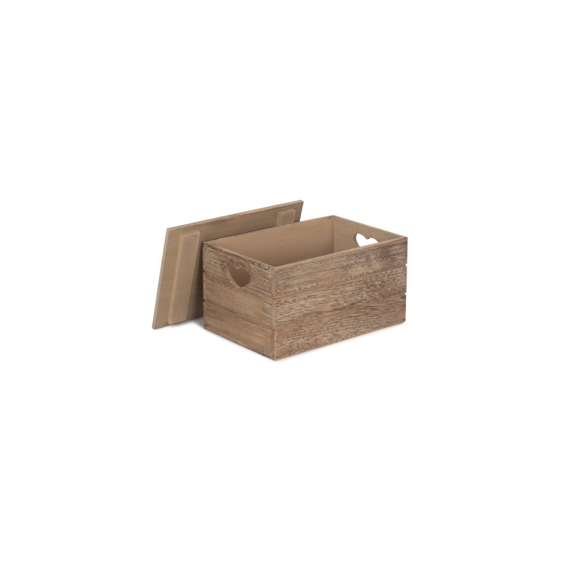 Wooden Lidded Storage Box with Heart Cut Outs, 16cm H x 30cm W x 20cm D, Natural