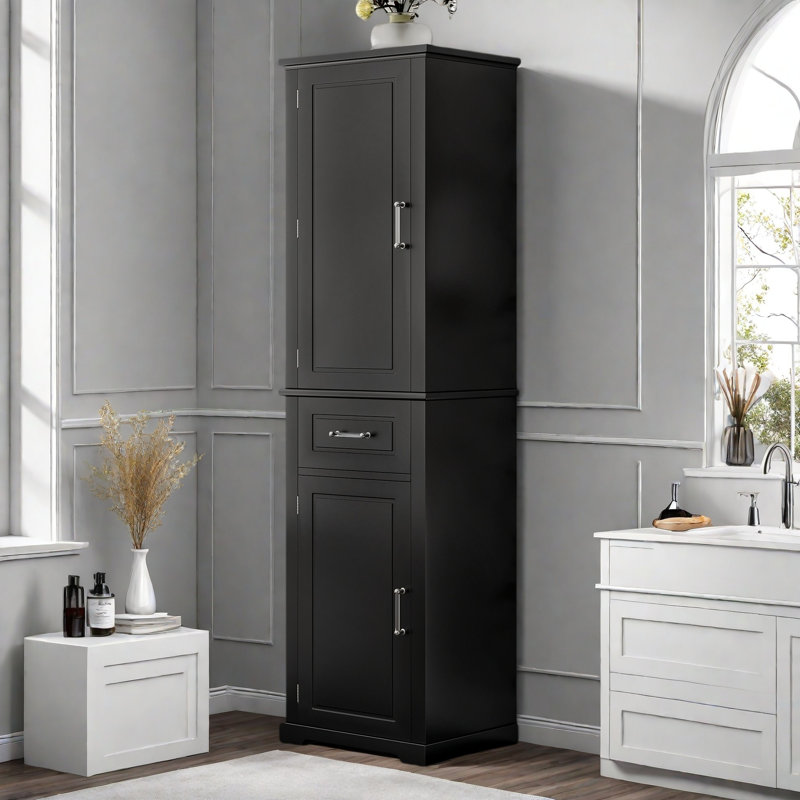 Tall Bathroom Storage Cabinet With 2 Different Size Doors, Adjustable Shelf, Door Shelve Design And Drawer, Black